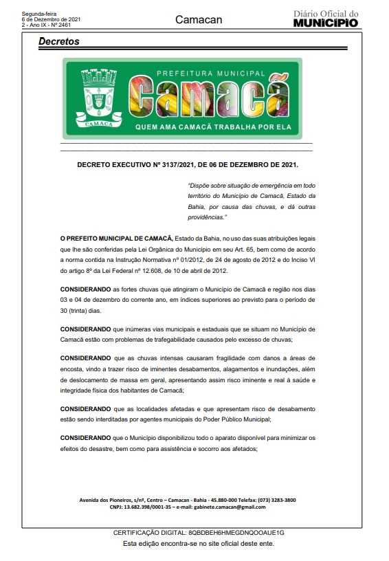 Camacã: Chuvas fortes constantes faz o prefeito Paulo do Gás decretar estado de emergência
